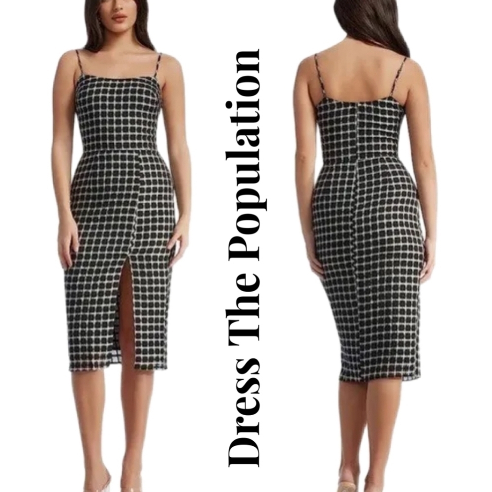 Dress The Population Women's Shaireen Black & White Check Sheath Dress Sz XXS